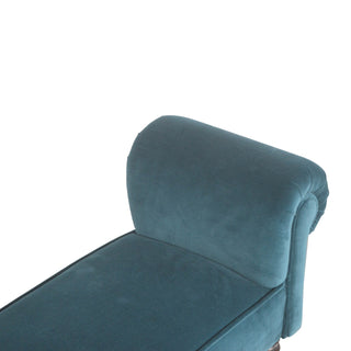 Marina Bedroom Bench Teal Velvet Scroll Arms Turned Dark Walnut Legs