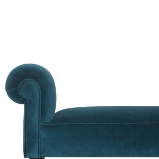 Marina Bedroom Bench Teal Velvet Scroll Arms Turned Dark Walnut Legs