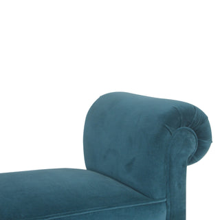 Marina Bedroom Bench Teal Velvet Scroll Arms Turned Dark Walnut Legs