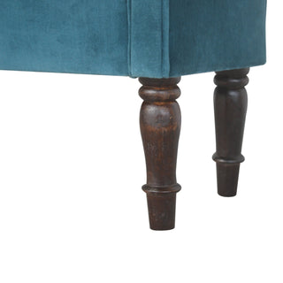 Marina Bedroom Bench Teal Velvet Scroll Arms Turned Dark Walnut Legs