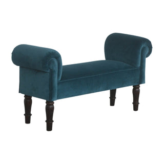 Marina Bedroom Bench Teal Velvet Scroll Arms Turned Dark Walnut Legs