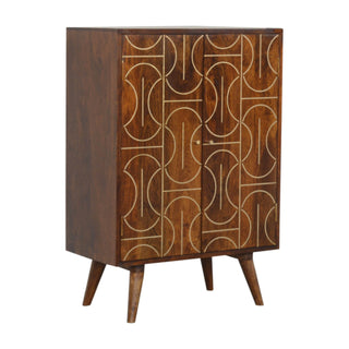 Orison Display Cabinet Tall Slim Abstract Brass Line Inlay Chestnut Twin-Door