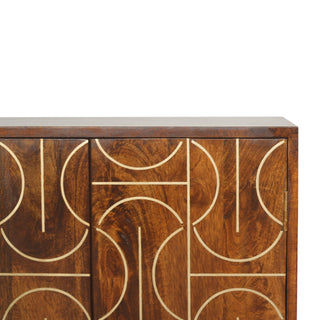 Orison Display Cabinet Tall Slim Abstract Brass Line Inlay Chestnut Twin-Door