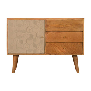 Stellan Small Sideboard with Champagne Carved Cube Door Panel and Tapered Legs