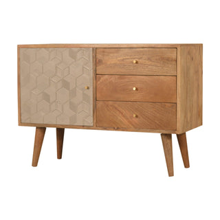 Stellan Small Sideboard with Champagne Carved Cube Door Panel and Tapered Legs