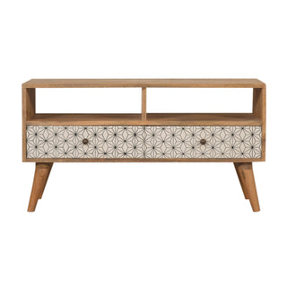 Hana Media Unit Oak Mango Wood Black & White Star-Pattern Screen-Printed Drawers with Nordic Legs