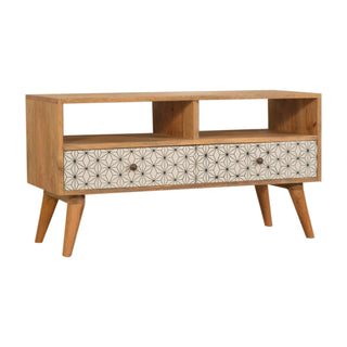 Hana Media Unit Oak Mango Wood Black & White Star-Pattern Screen-Printed Drawers with Nordic Legs