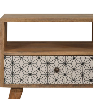 Hana Media Unit Oak Mango Wood Black & White Star-Pattern Screen-Printed Drawers with Nordic Legs