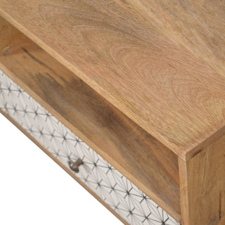Hana Media Unit Oak Mango Wood Black & White Star-Pattern Screen-Printed Drawers with Nordic Legs