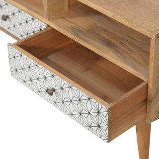 Hana Media Unit Oak Mango Wood Black & White Star-Pattern Screen-Printed Drawers with Nordic Legs
