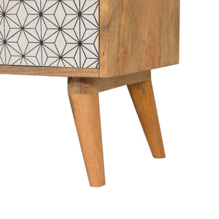 Hana Media Unit Oak Mango Wood Black & White Star-Pattern Screen-Printed Drawers with Nordic Legs