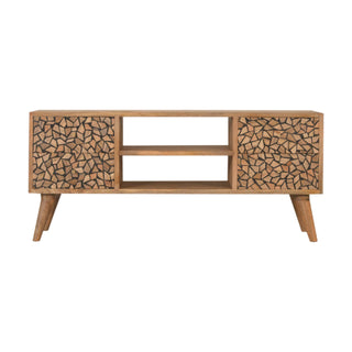 Mosaic Media Unit Natural Oak Mango Wood Crackle-Carved Drawer Fronts with Nordic Tapered Legs