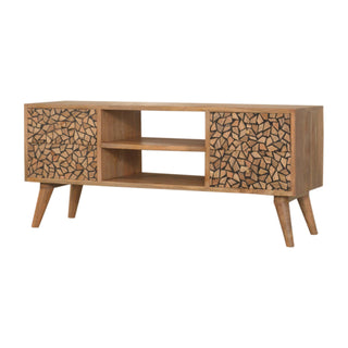 Mosaic Media Unit Natural Oak Mango Wood Crackle-Carved Drawer Fronts with Nordic Tapered Legs