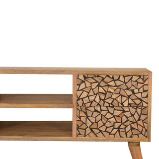 Mosaic Media Unit Natural Oak Mango Wood Crackle-Carved Drawer Fronts with Nordic Tapered Legs