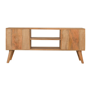 Mosaic Media Unit Natural Oak Mango Wood Crackle-Carved Drawer Fronts with Nordic Tapered Legs