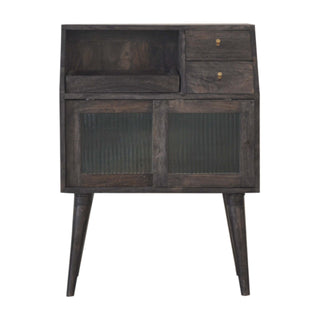 Onyx Bedside Cabinet Dark Walnut Ribbed Glass Sliding Door Mini Drawers