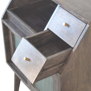 Onyx Bedside Cabinet Dark Walnut Ribbed Glass Sliding Door Mini Drawers