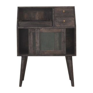 Onyx Bedside Cabinet Dark Walnut Ribbed Glass Sliding Door Mini Drawers
