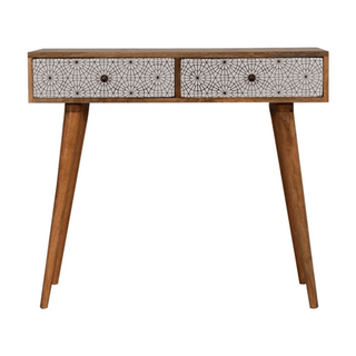 Sora Slim Console Table with Drawers Starburst Mandala Print Nordic Legs Oak Mango Wood