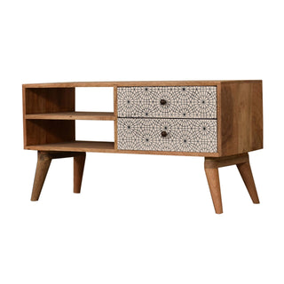 Soleil Media Unit Oak Mango Wood Black & White Mandala Screen-Printed Drawers with Nordic Legs