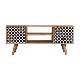 Quartz Media Unit Oak Mango Wood Black & White Diamond Print Cabinet Doors & Drawers Nordic Legs