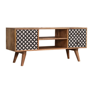Quartz Media Unit Oak Mango Wood Black & White Diamond Print Cabinet Doors & Drawers Nordic Legs