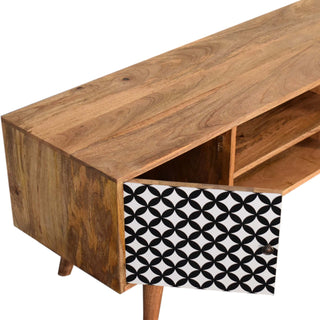 Quartz Media Unit Oak Mango Wood Black & White Diamond Print Cabinet Doors & Drawers Nordic Legs