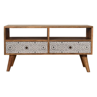Calla Media Unit Oak Mango Wood Black & White Cobweb Screen-Printed Drawers with Nordic Legs
