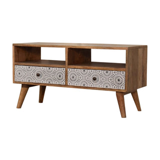 Calla Media Unit Oak Mango Wood Black & White Cobweb Screen-Printed Drawers with Nordic Legs