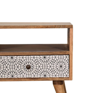 Calla Media Unit Oak Mango Wood Black & White Cobweb Screen-Printed Drawers with Nordic Legs