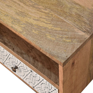 Calla Media Unit Oak Mango Wood Black & White Cobweb Screen-Printed Drawers with Nordic Legs