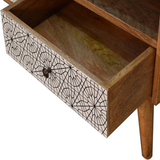 Calla Media Unit Oak Mango Wood Black & White Cobweb Screen-Printed Drawers with Nordic Legs