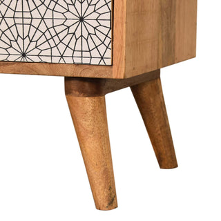 Calla Media Unit Oak Mango Wood Black & White Cobweb Screen-Printed Drawers with Nordic Legs