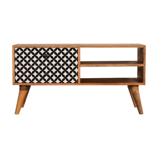 Pixel Media Unit Oak Mango Wood Black & White Circle-Diamond Print Single Drawer with Nordic Legs