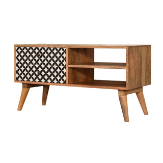 Pixel Media Unit Oak Mango Wood Black & White Circle-Diamond Print Single Drawer with Nordic Legs