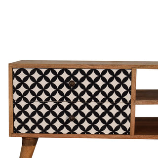 Pixel Media Unit Oak Mango Wood Black & White Circle-Diamond Print Single Drawer with Nordic Legs