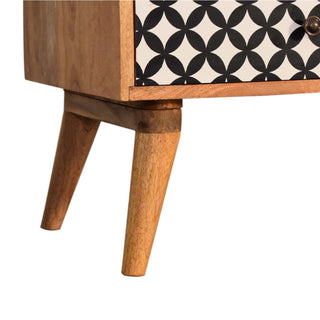 Pixel Media Unit Oak Mango Wood Black & White Circle-Diamond Print Single Drawer with Nordic Legs