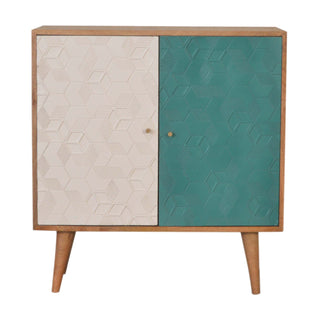 Lagoon Display Cabinet Teal White Split Two-Tone Geometric Cube Doors Oak Frame