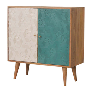 Lagoon Display Cabinet Teal White Split Two-Tone Geometric Cube Doors Oak Frame