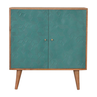 Caspian Display Cabinet Teal Blue 3D Geometric Cube Relief Twin-Door Oak Frame