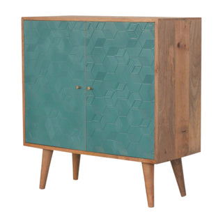 Caspian Display Cabinet Teal Blue 3D Geometric Cube Relief Twin-Door Oak Frame