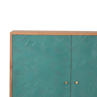Caspian Display Cabinet Teal Blue 3D Geometric Cube Relief Twin-Door Oak Frame