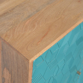 Caspian Display Cabinet Teal Blue 3D Geometric Cube Relief Twin-Door Oak Frame