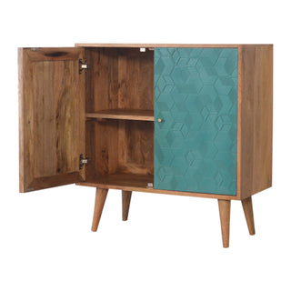 Caspian Display Cabinet Teal Blue 3D Geometric Cube Relief Twin-Door Oak Frame