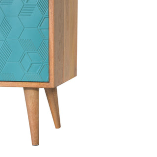 Caspian Display Cabinet Teal Blue 3D Geometric Cube Relief Twin-Door Oak Frame