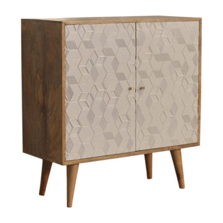 Frost Display Cabinet White 3D Geometric Cube Relief Twin-Door Natural Oak Frame