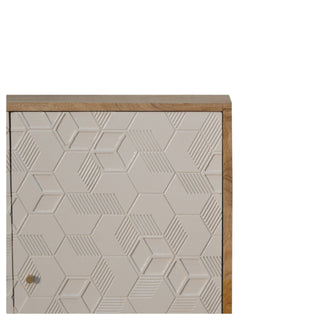 Frost Display Cabinet White 3D Geometric Cube Relief Twin-Door Natural Oak Frame