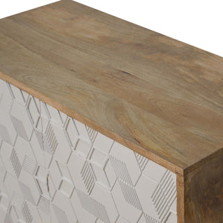 Frost Display Cabinet White 3D Geometric Cube Relief Twin-Door Natural Oak Frame