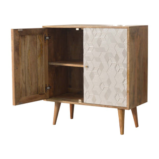 Frost Display Cabinet White 3D Geometric Cube Relief Twin-Door Natural Oak Frame