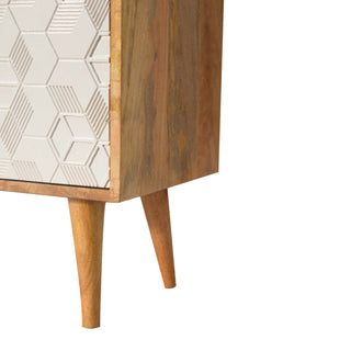 Frost Display Cabinet White 3D Geometric Cube Relief Twin-Door Natural Oak Frame